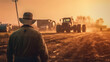 close up back of farmer looking at machine car working in farm gold sunrise.generative ai