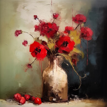 Still Life Of Bouquet Of Red Poppy Flowers, Square Oil Painting, Impasto. Generative AI