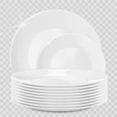 Realistic plate stack and bowls. Clean dishes, stacked kitchen tableware. Stack of clean washed food plates, dishware mockup isolated on transparent. 3d vector illustration. Porcelain crockery plate