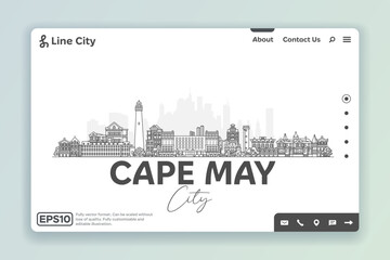 Wall Mural - Cape May, New Jersey USA architecture line skyline illustration. Linear vector cityscape with famous landmarks, city sights, design icons. Landscape with editable strokes.