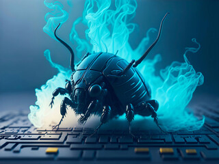 Poster - Beetle attacks and destroys electronics. Concept of computer virus and malicious software code.