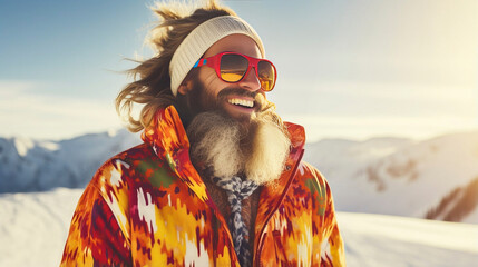 stockphoto, photography of happy man wear sunglasses spending weekend at ski resort winter holiday concept. Winter sports