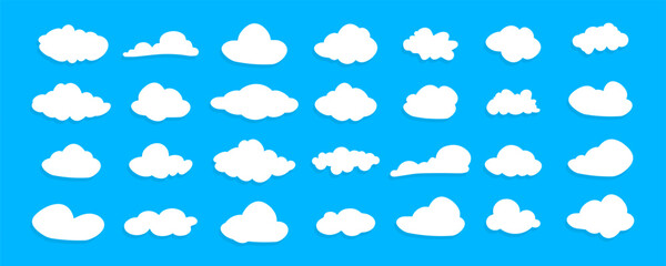 Aufkleber - Set of clouds. Cloud icon. Different shape white clouds on blue background. Set of different sky. Cloudy shape collection. Vector illustration.
