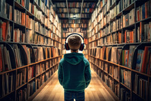 School Boy With Headphones On His Head Standing In Large Library, Books On Both Sides, View From Behind - Audiobooks Concept. Generative AI