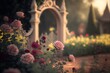 photograph of dreamy red rose garden daytime clearing in center background blur mist brightly light breath taking fairytale 50mm photo rule of thirds pretty light bokeh crepuscular light light wash 