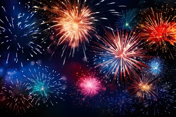 Wall Mural - HAPPY NEW YEAR 2024 - Firework silvester New Year's Eve Party festival celebration holiday background banner greeting card - Closeup of colorful fireworks pyrotechnics in the night | Generative AI