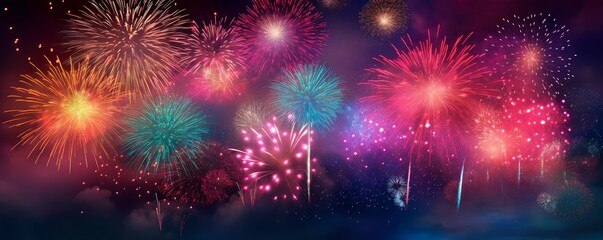 Wall Mural - HAPPY NEW YEAR 2024 - Firework silvester New Year's Eve Party festival celebration holiday background banner greeting card - Closeup of colorful fireworks pyrotechnics in the night | Generative AI