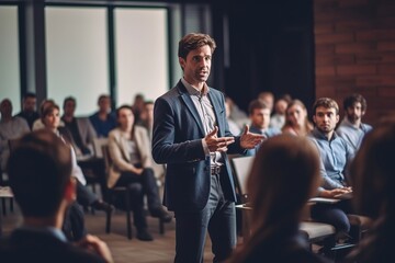 Businessman Giving a Presentation, corporate seminar speaker, boardroom speech, confident male presenter, executive public speaking