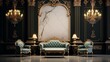 Imagine a mockup poster frame on a polished marble wall in a grand ballroom with ornate, opulent furniture.
