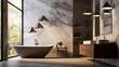 Imagine a mockup poster frame on a rough-honed marble wall in a spa-like bathroom with contemporary fixtures and furniture.