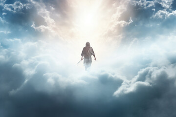 Wall Mural - Culture and religion concept. Jesus Christ walking on clouds. Dramatic sunlight in background. Generative AI