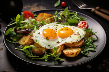 Two eggs with fried potatoes and salad . food ph, generative ai.