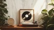 Mockup poster blank frame, hanging on marble wall, above vintage record player, Retro vinyl lounge