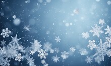 Falling Snowflakes On Blue Background. Blurred Snowflakes. Christmas Background.