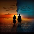 a field sunset man and woman are turned away from each other back to back many meters distance between man and woman 23 romantic 