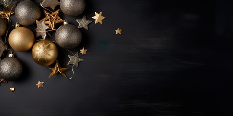 Wall Mural - Merry Christmas, festive celebration holiday holidays greeting card with text - Gold ornaments (christmas baubles and stars) on dark table background, top view flat lay | Generative AI