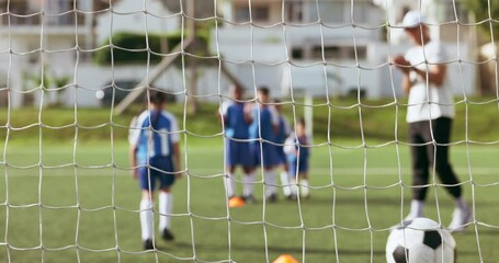 Poster - Sports team celebrate, soccer ball and goal of child at shooting practice for competition, kick aim or youth development. Football player score, group support and kid training at net or field