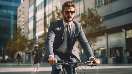 Wall Mural - young businessman in suit with bicycle