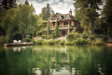 Wall Mural - A large, two-story brick house on the shore of a lake, with a large balcony, surrounded by trees and a lawn, a dock with a boat on the calm water, an overcast sky and a peaceful mood.