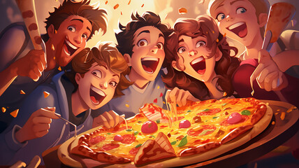 Wall Mural - happy family eating pizza at home together