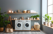 Washing Machines In A Clean Organized Neat Utility Laundry Room With Copy Space Area