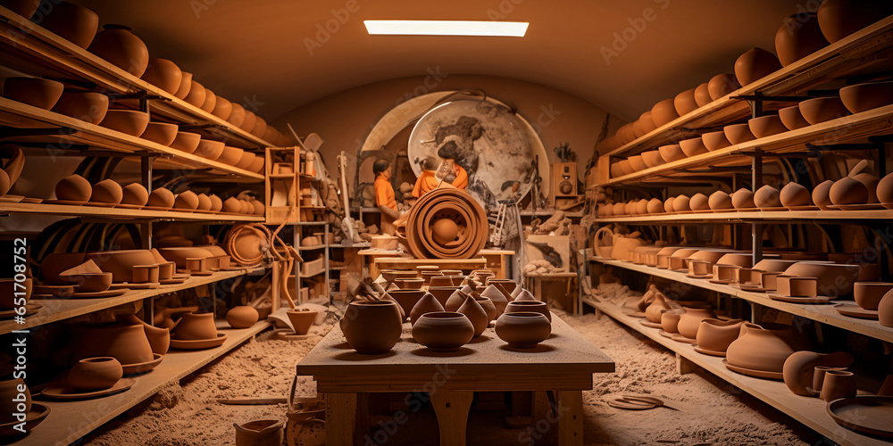 Ceramic Library Ceramics studio, shelves full of clay pots in various stages, wheel in ...