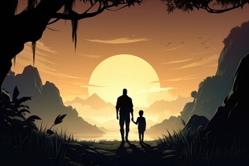 Wall Mural - A man and a child are standing in front of a sunset, AI