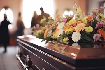 Wall Mural - A solemn funeral scene with a black coffin, flowers, and mourners in a chapel, symbolizing grief and remembrance.