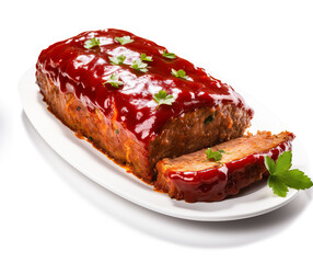 Meatloaf meal dish AI image illustration isolated on white background. Delicious tasty popular food concept. American favourite cuisine 