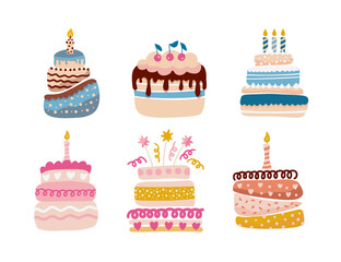 Wall Mural - Cute Cartoon simple vector birthday cake cupcake vector set. Happy holiday cream cake with candles