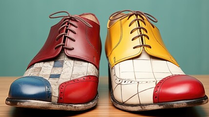 Canvas Print - A pair of colorful shoes sitting on top of a wooden table, AI