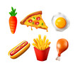 3d food icon set. Fast food realistic cartoon render vector collection with pizza, chicken leg, egg, fried potatoes, hot dog, carrot