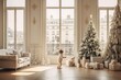 a small toddler in white clothes decorating a christmas tree in a luxurious living room with parisian interior design: tall windows, white paneled walls. Winter holiday fairy tale spirit