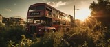 Fototapeta  - red bus double decker london post apocalypse landscape game wallpaper photo art illustration rust
