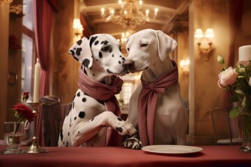 two cute dalmatian dogs having a romantic dinner dinning at the luxurious french parisian restaurant with vintage interior, touching their noses in love