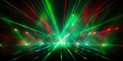 Wall Mural - Lasershow background banner - Closeup of colorful red green laser beams rays in a club, disco, nightclub or on a festival, in the dark black night | Generative AI