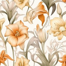 Vintage Seamless Floral Pattern. Botanical Illustration Engraving Style. Herbs And Wild Flowers. Art Nouveau Fabric Texture