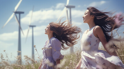 two beautiful girls walking in the green grass with wind turbines and blue sky