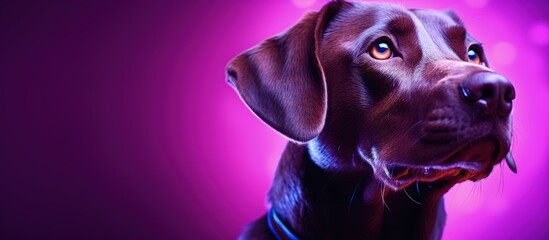 Wall Mural - Beautiful purebred labrador posing on purple background in neon light representing animal companionship Suitable for advertising or design with available copy space