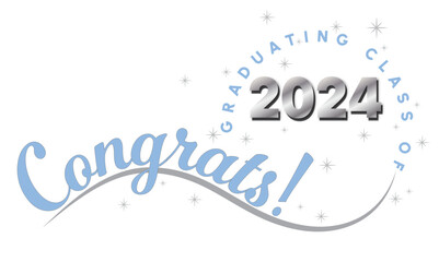 White background - Congrats Graduates Text - in Light Blue with 2024 in Silver - Elegant and Dynamic style with type on wave and graduating class of in circle around year. Stars highlight the text.