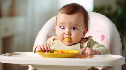 a little baby sits in a highchair and eats a healthy, fresh breakfast. the benefits of fruit for bab
