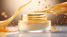 Round Jar Of Golden Colored Cosmetic Oil Cream, Splashes And Gold Drops Of Liquid Floating, 3d Render Illustration Style. 