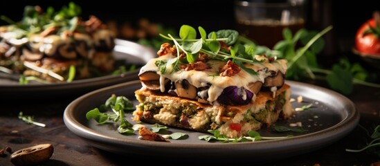 Vegan lasagna with eggplant cashews arugula and vegan cheese served on a rustic wooden table for two