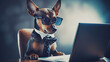 Cute dog looking at the laptop screen. The concept of online learning, working from home. A humorous portrayal of a boss pet. Cover design, illustrations for puzzles.