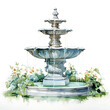 A watercolor fountain surrounded with plants and flowers