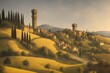Painting of old ancient greek village with clock tower, generative ai