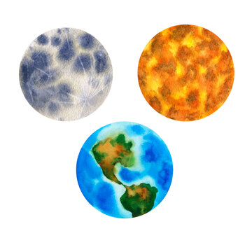 Earth, moon, sun. Planets of our solar system isolated on transparent background. Vector Illustration on background of outer space with stars
