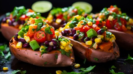Roasted Stuffed Sweet Potatoes with Black Bean, Avocado, and Corn. Vegan Vegetable Dish with Cilantro Lime Dressing