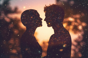 couple face silhouette as starry sky universe