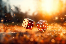 Panoramic Close Up Shot Of 2 Dice Rolling On The Ground